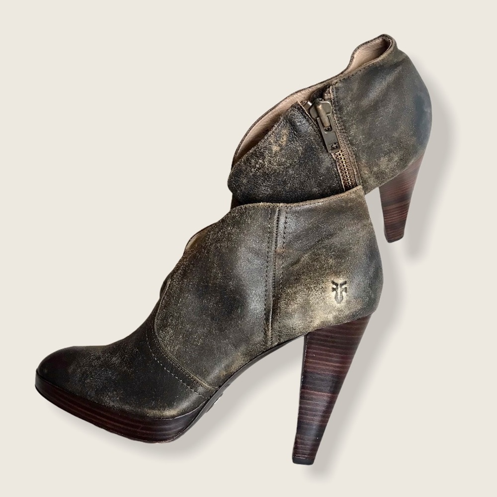 Frye Harlow Campus Tan Suede Heeled Ankle Booties - Picture 7 of 14
